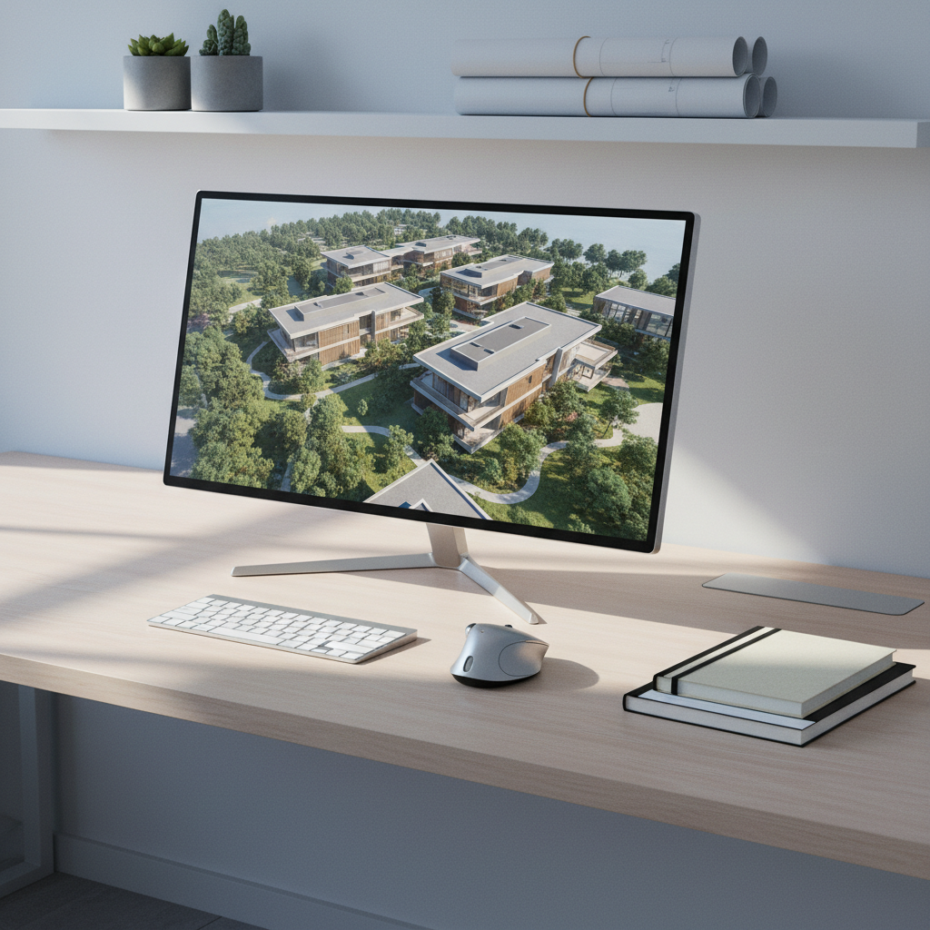An ultra-clean computer workstation dedicated to architectural design, showcasing a large, thin-bezel monitor displaying a detailed 3D rendering of a modern residential complex with lush landscape design. The monitor rests on a pale wooden desk with a matte finish, accompanied by a compact wireless keyboard, a high-end mouse, and a small stack of architectural sketchbooks. In the background, a simple white wall-mounted shelf holds rolled blueprints and a couple of minimalist concrete planters. Soft, cool daylight from the left side casts subtle shadows, highlighting edges and textures without harsh contrast. Photographed in a realistic, modern style from a slightly elevated angle, with a balanced composition and clear focus throughout, conveying efficiency, technology, and professional architectural expertise.