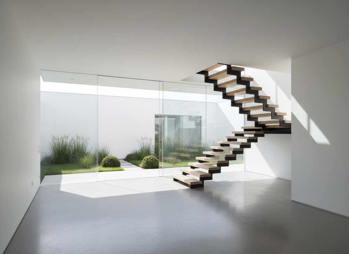 A tranquil, sunlit interior of a conceptual modern residence designed by an architecture studio, viewed from the open-plan living area. Clean white walls, expansive floor-to-ceiling glass, and a seamless polished concrete floor define the space, complemented by a floating staircase in pale wood and thin black steel. Outside, a minimalist courtyard garden with structured greenery creates depth. Morning light streams in through the glazing, casting long, soft-edged shadows that emphasize geometry and volume. Shot in photographic realism from a wide-angle, eye-level perspective, with sharp focus and careful use of the rule of thirds to highlight architectural lines. The atmosphere is serene, sophisticated, and meticulously designed, showcasing the studio’s refined approach from concept to final space.