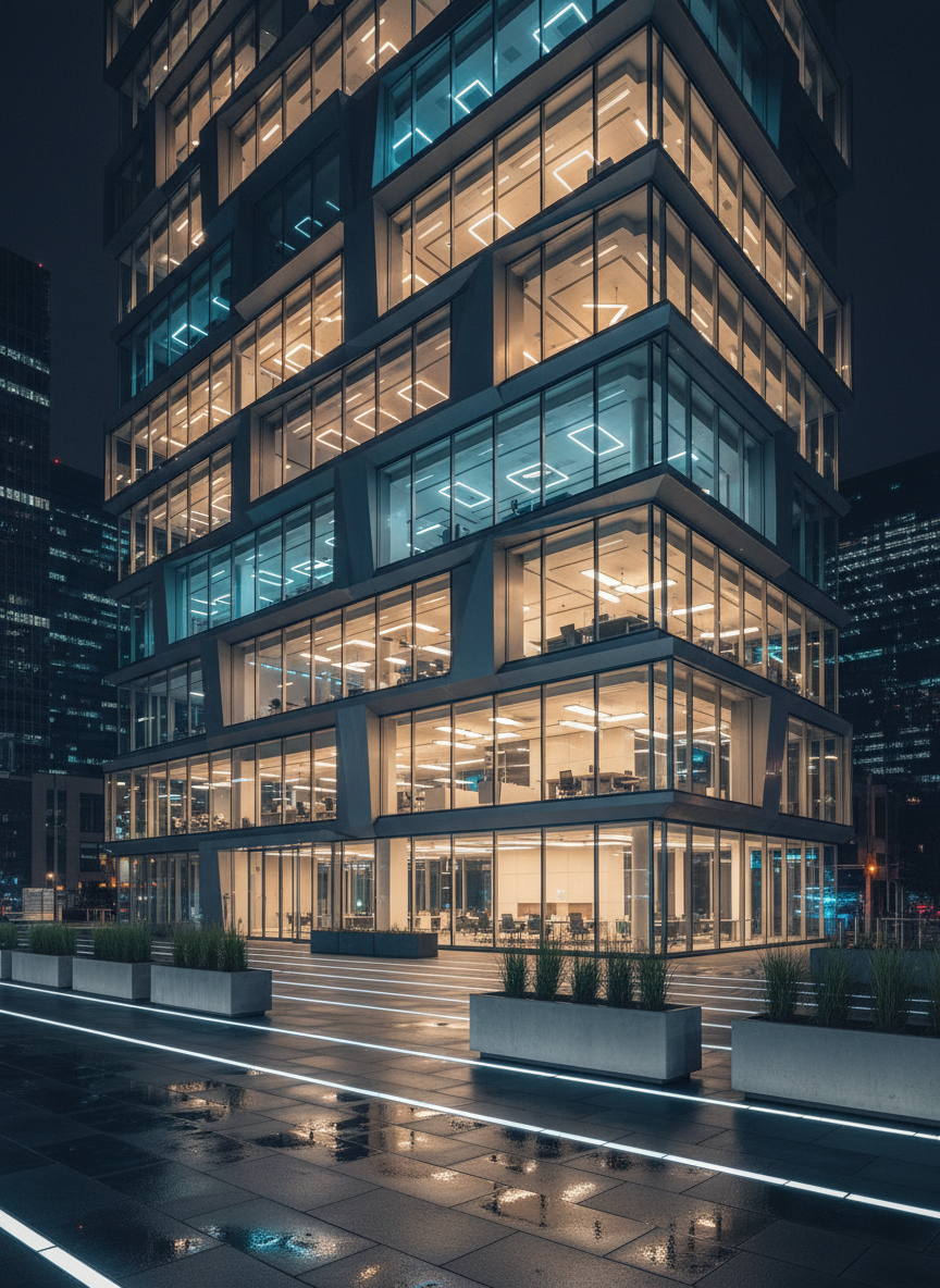 A nighttime exterior visualization of a cutting-edge architectural office building, featuring a sculptural glass and steel facade with dynamic, staggered volumes. Warm interior lighting glows through the transparent surfaces, revealing layered floor plates and clean, minimalist interiors, while cool-blue ambient city light reflects on the glazing. The building is set on a carefully detailed urban plaza with linear LED ground lights and simple planters. Photographed in ultra-realistic style from a low, slightly angled street-level viewpoint, wet pavement in the foreground capturing subtle reflections of the illuminated facade. The composition emphasizes verticality and innovation, with a dramatic yet controlled atmosphere that communicates high-end, contemporary architectural design.