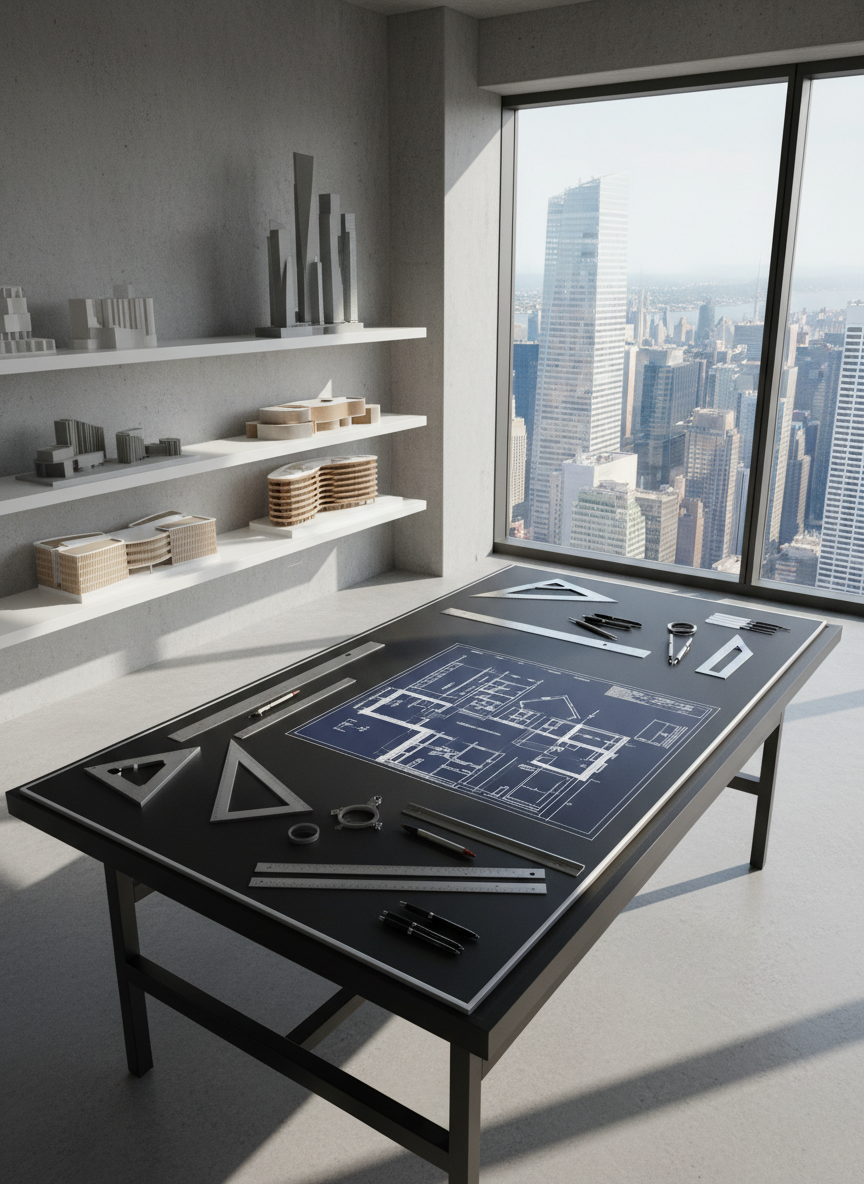 A meticulously detailed architectural studio workspace, featuring a large matte-black drafting table with crisp white architectural plans spread across its surface, precision metal rulers, and high-end pens neatly aligned. Behind it, sleek white shelving showcases physical scale models of contemporary buildings in concrete gray and warm wood tones. The space sits within a minimalist loft interior with exposed concrete walls and a panoramic window framing a modern city skyline. Soft daylight pours in, creating clean, directional light and gentle shadows that emphasize form and precision. Captured in photographic realism from a slightly elevated, three-quarter angle with sharp focus and a clean, modern, professional atmosphere, ideal as a hero image for a cutting-edge architectural firm.