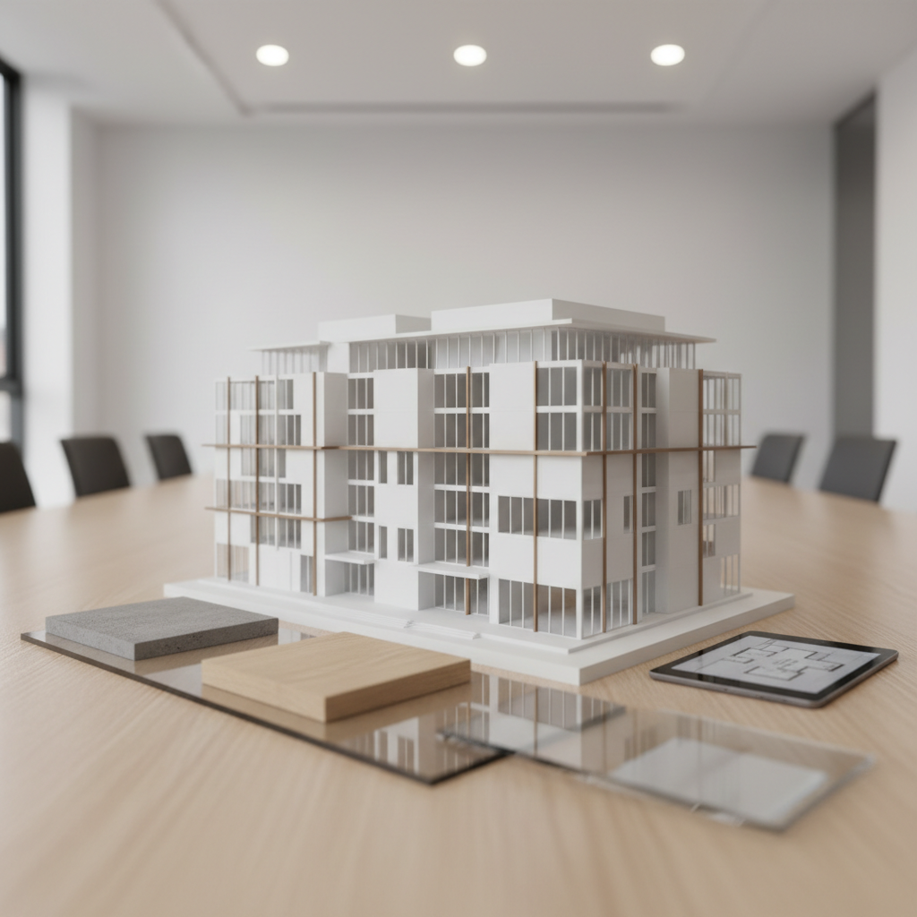 A highly realistic 3D architectural model of a contemporary mixed-use building placed on a smooth, light oak table in a minimalist meeting room. The model combines white volumetric masses with transparent acrylic panels suggesting glass facades, and subtle bronze accents indicating structural elements. Around the base lie neatly arranged material swatches of concrete, wood, and glass, along with a slim digital tablet displaying a floor plan. Soft, diffused overhead lighting and gentle daylight from an unseen window create balanced illumination with mild reflections on the acrylic surfaces. Shot at eye level with a shallow depth of field, the background softly blurred to keep attention on the model. The mood is professional, precise, and forward-thinking, in a clean photographic style.