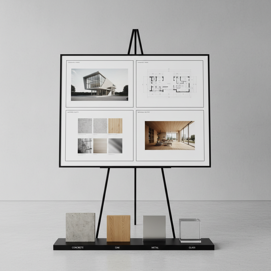 A pristine presentation board setup for an architectural client meeting, standing on a minimalist easel in a refined studio space. The board displays a cohesive layout of high-resolution renderings, clean floor plans, and material mood boards, all framed by slim black lines on a bright white background. At the base, an orderly row of labeled material samples—textured concrete, warm oak, brushed metal, and clear glass—rests on a narrow black console. The environment features a smooth gray wall and a polished concrete floor, illuminated by soft, even studio lighting that eliminates distractions and emphasizes clarity. Captured in photographic realism at a straight-on eye-level angle with symmetrical composition, the mood is confident, professional, and ready for a formal architectural presentation.